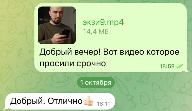 Переписка: клиент ответил «Отлично» на готовый ролик